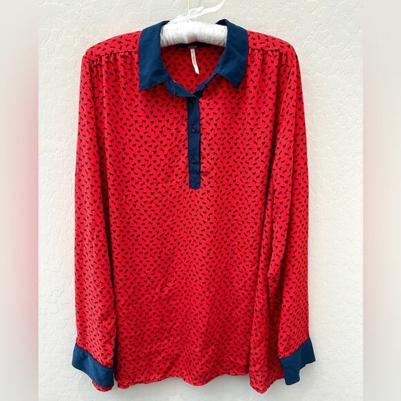 FREE PEOPLE Red Blue Novelty Print Blouse Long Sleeve Collared Top | Size Large - Picture 1 of 7